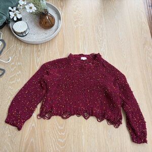 Pink Lily Maroon Sweater with Fringe Accents